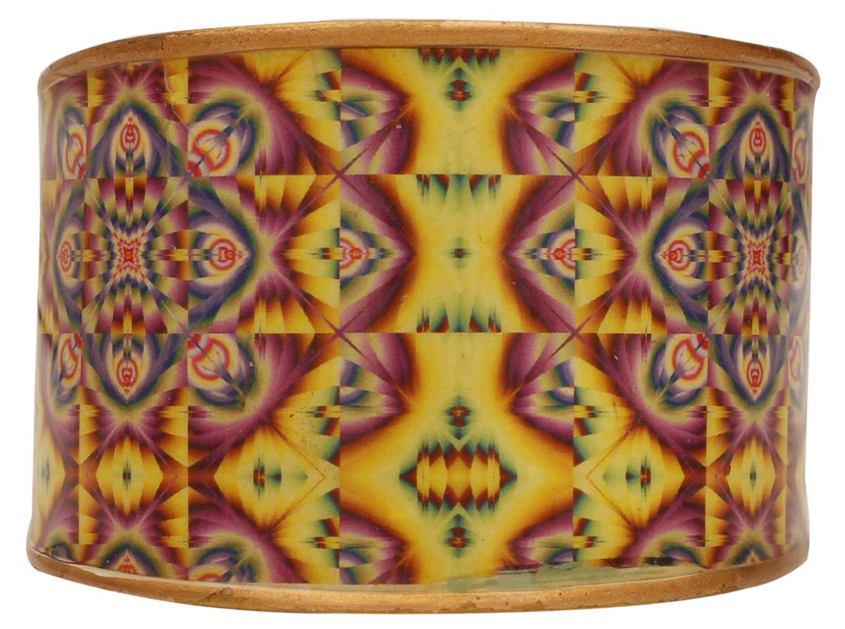 2.6” Golden Brass Cuff Bracelet with Yellow Mauve Illusionary Pattern - Trendy Accessories / Jewelry / Gifts for Her - Buy in Bulk Wholesale
